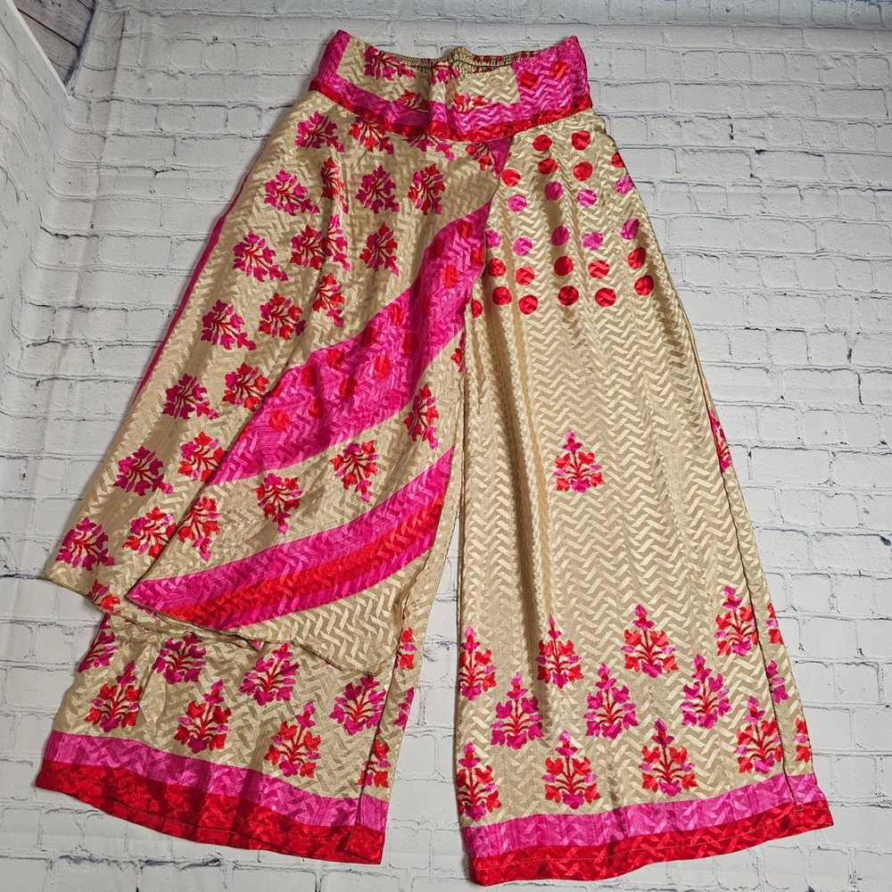 Silk Blend Wide Leg Mixed Print Boho Pants Pink Gold Size 4 Made In India